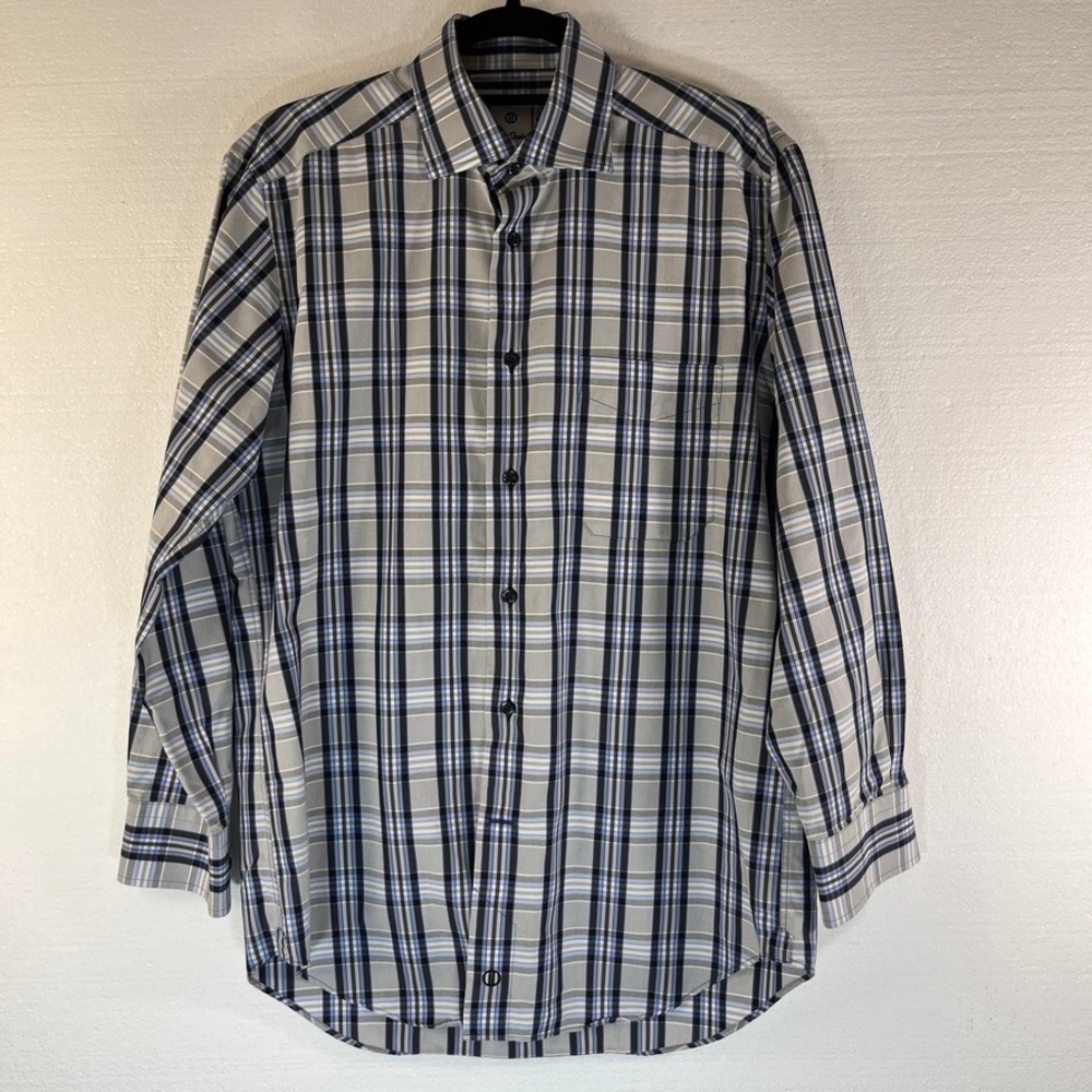 David Donahue Mens Button Down Dress Shirt‎ Medium Plaid Gray Blue Long Sleeve